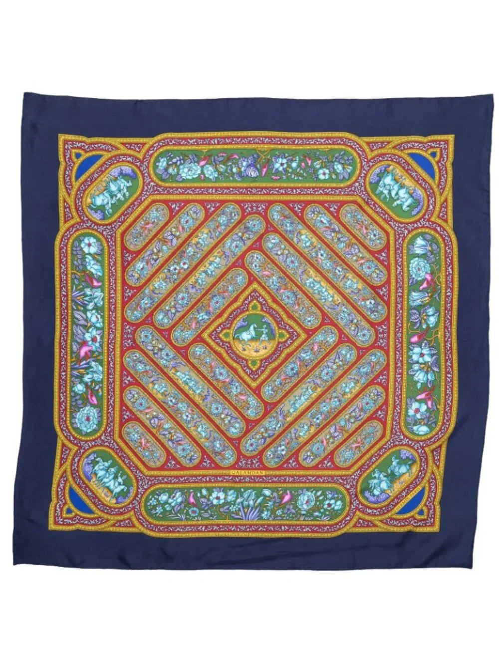 Hermes Scarf Navy Red 100% Gold Twill Silk